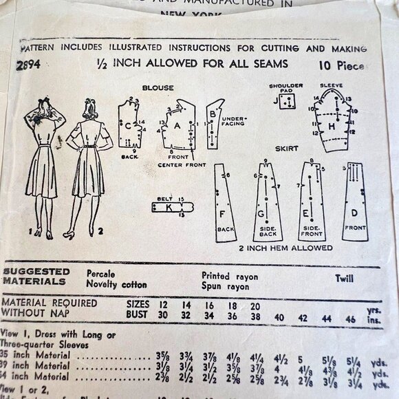 40s Advance Sewing Pattern 2894 Shirtwaist Dress Size 12 Bust 30" Bust Unprinted - Picture 7 of 7